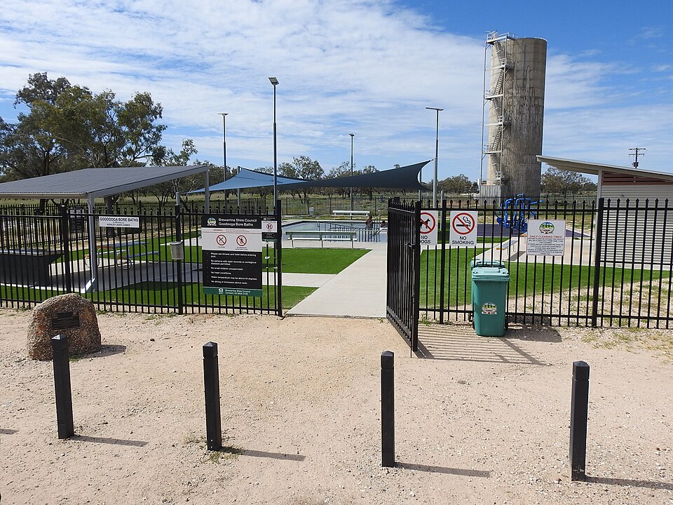 Goodooga Great Artesian Baths area and water tower in Goodooga, New South Wales