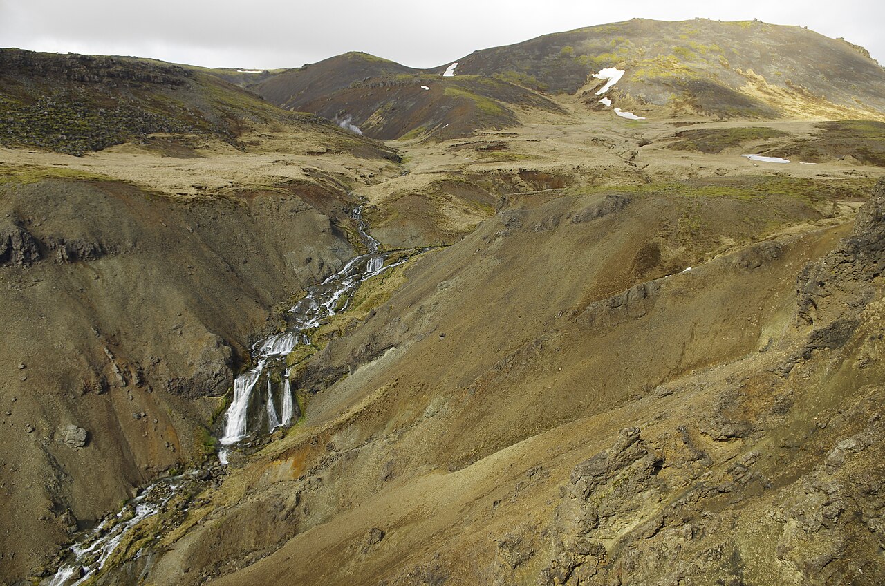 Reykjadalur warm geothermal river flowing through the valley near Hveragerði, Iceland